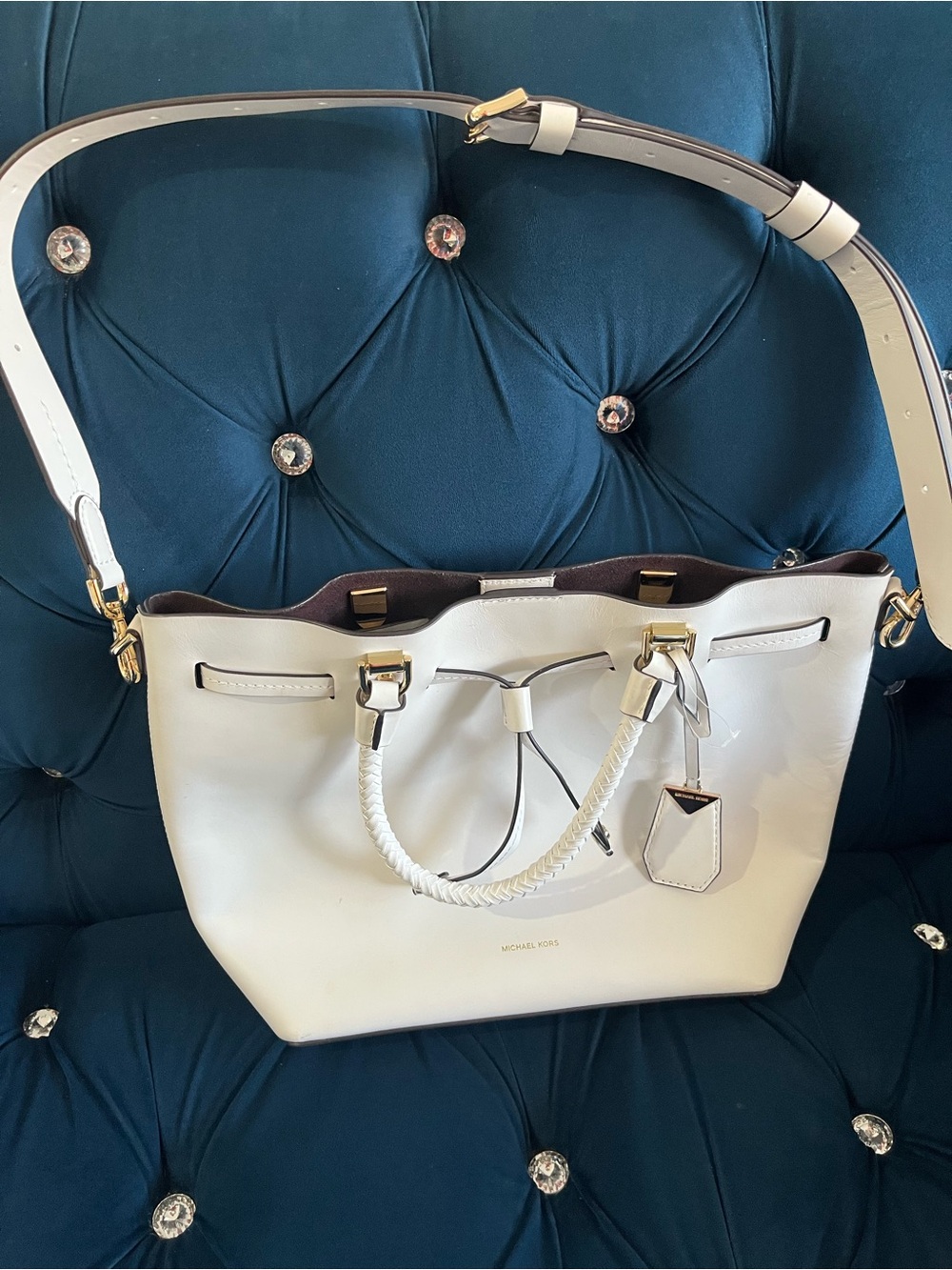 Michael Kors Cream Leather Tote with Braided Handles and Adjustable Strap